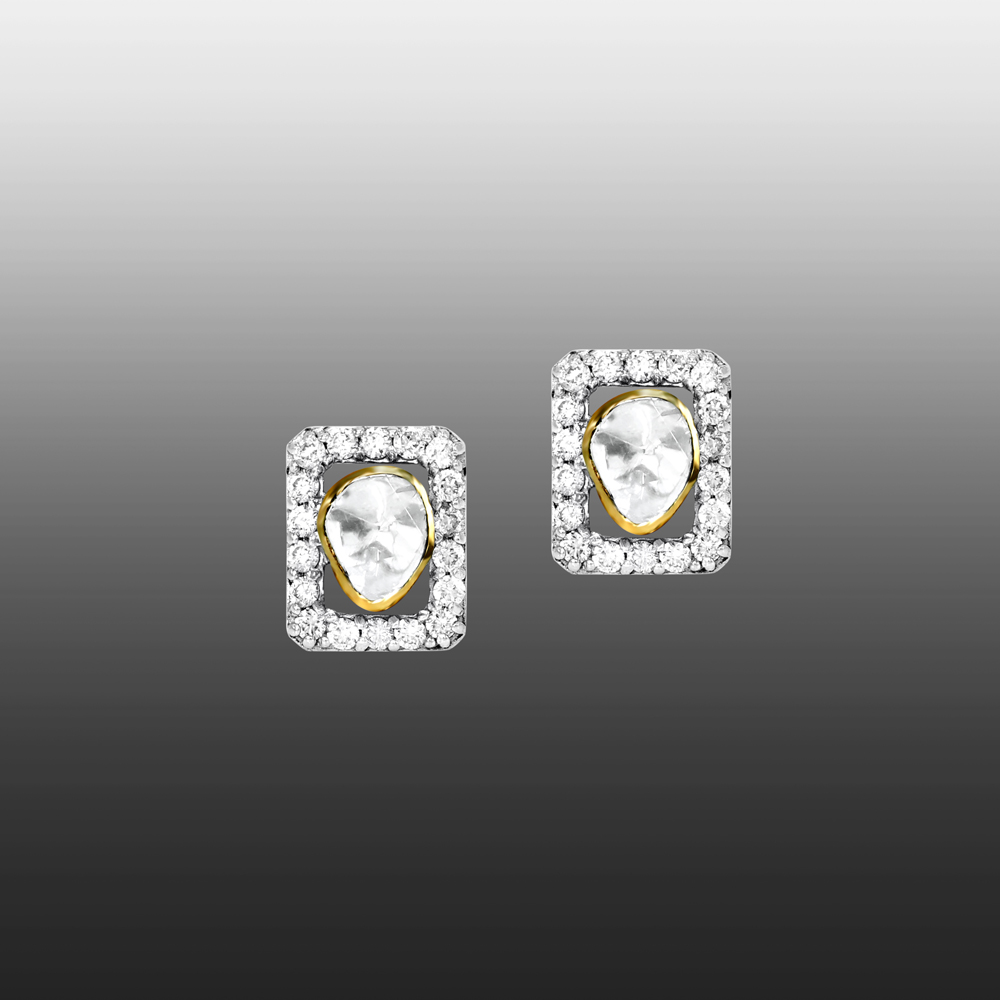 Rectangular Polki Studs with Diamond Halo